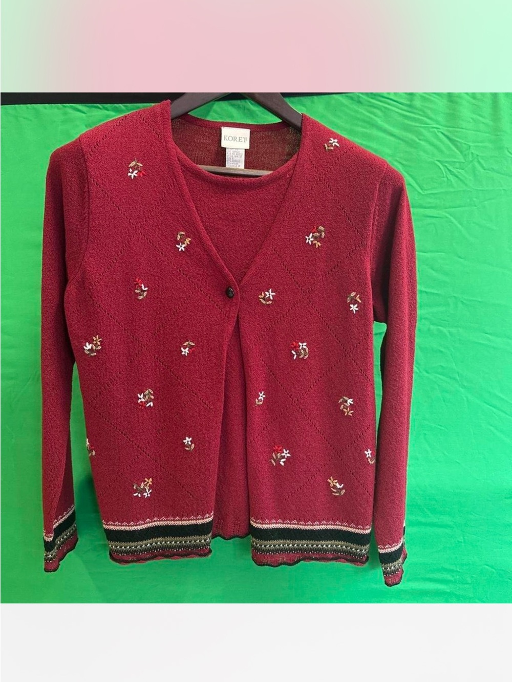 Koret Burgundy Embroidered V-Neck Sweater Cardigan